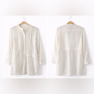 Pintuck Button-Front Tunic Blouse in Cream